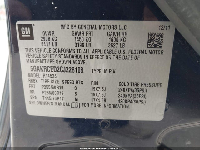 44919344 :رقم المزاد ، 5GAKRCED2CJ228108 vin ، 2012 Buick Enclave Leather مزاد بيع