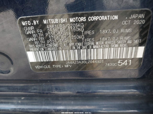 Aukcja sprzedaży 2020 Mitsubishi Outlander Se 2.4 S-awc, vin: JA4AZ3A30LZ044921, numer aukcji: 44919346
