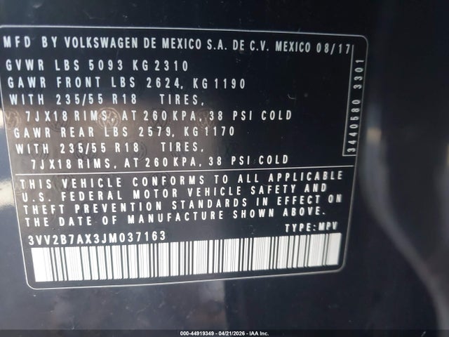 Aukcja sprzedaży 2018 Volkswagen Tiguan 2.0t Se/2.0t Sel, vin: 3VV2B7AX3JM037163, numer aukcji: 44919349