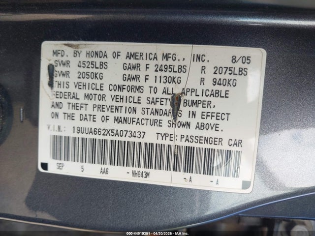 Aukcja sprzedaży 2005 Acura Tl, vin: 19UUA662X5A073437, numer aukcji: 44919351