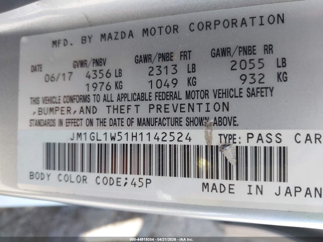 Aukcja sprzedaży 2017 Mazda Mazda6 Grand Touring, vin: JM1GL1W51H1142524, numer aukcji: 44919354