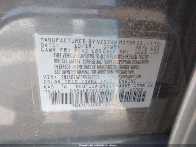 2019 Nissan Sentra S მანქანა იყიდება აუქციონზე, vin: 3N1AB7AP0KY248604, აუქციონის ნომერი: 44919357
