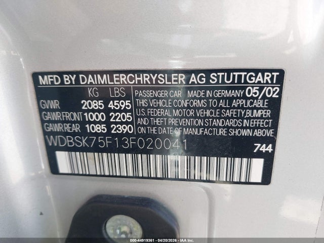 Aukcja sprzedaży 2003 Mercedes-benz Sl 500, vin: WDBSK75F13F020041, numer aukcji: 44919361