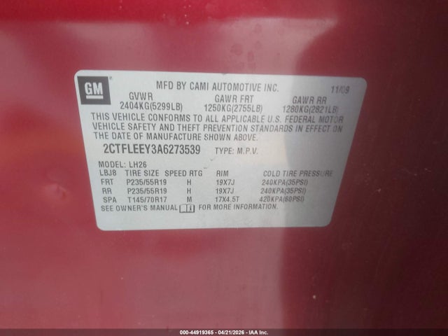 Aukcja sprzedaży 2010 Gmc Terrain Sle-2, vin: 2CTFLEEY3A6273539, numer aukcji: 44919365