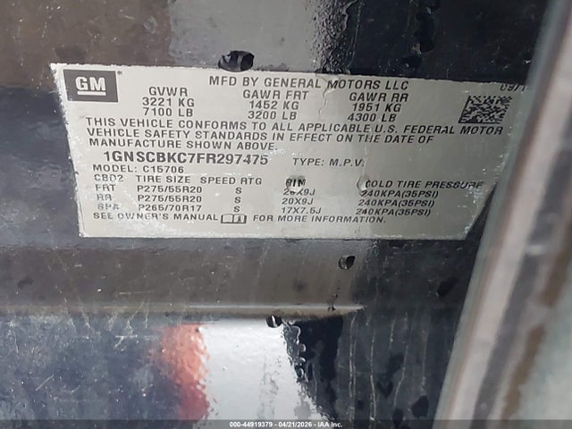 Aukcja sprzedaży 2015 Chevrolet Tahoe Lt, vin: 1GNSCBKC7FR297475, numer aukcji: 44919379