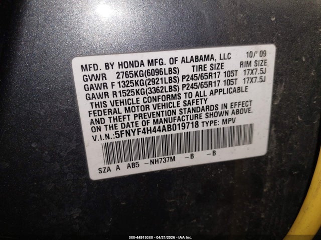 Auction sale of the 2010 Honda Pilot Ex, vin: 5FNYF4H44AB019718, lot number: 44919380