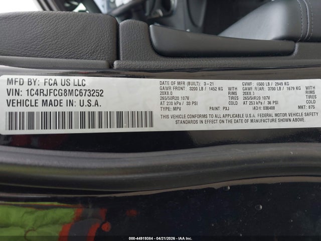 2021 Jeep Grand Cherokee High Altitude 4x4 მანქანა იყიდება აუქციონზე, vin: 1C4RJFCG8MC673252, აუქციონის ნომერი: 44919384