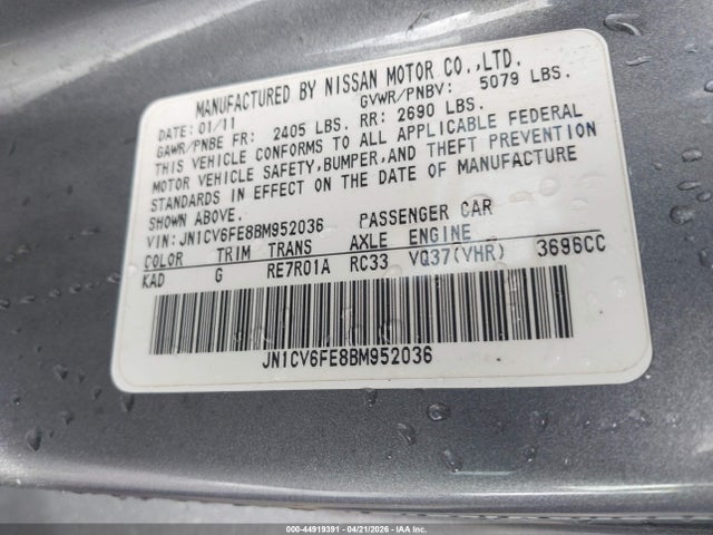 Aukcja sprzedaży 2011 Infiniti G37, vin: JN1CV6FE8BM952036, numer aukcji: 44919391