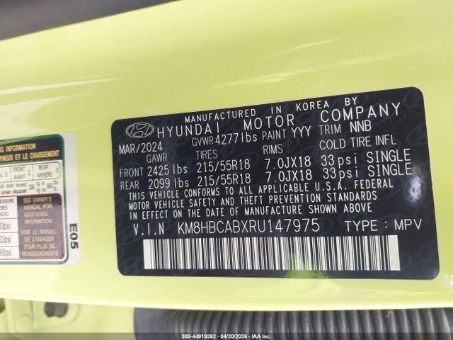 2024 Hyundai Kona Sel მანქანა იყიდება აუქციონზე, vin: KM8HBCABXRU147975, აუქციონის ნომერი: 44919392