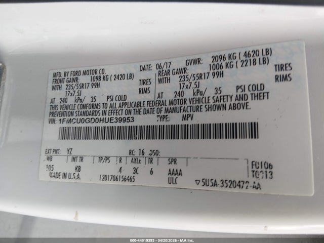 Auction sale of the 2017 Ford Escape Se, vin: 1FMCU0GD0HUE39953, lot number: 44919393