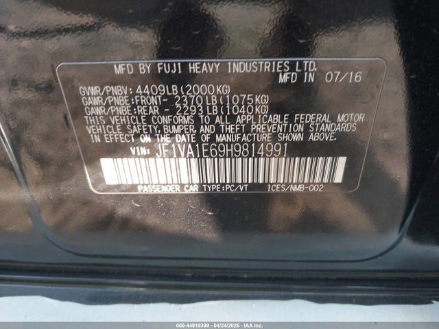 Продаж на аукціоні авто 2017 Subaru Wrx Premium, vin: JF1VA1E69H9814991, номер лоту: 44919399