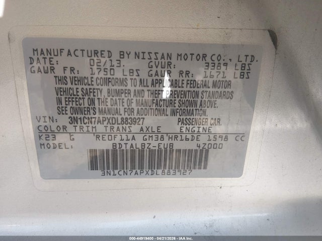 Продаж на аукціоні авто 2013 Nissan Versa 1.6 Sv, vin: 3N1CN7APXDL883927, номер лоту: 44919400