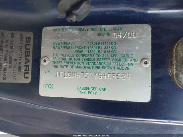 Aukcja sprzedaży 2000 Subaru Impreza 2.5rs, vin: JF1GM6759YG403524, numer aukcji: 44919401