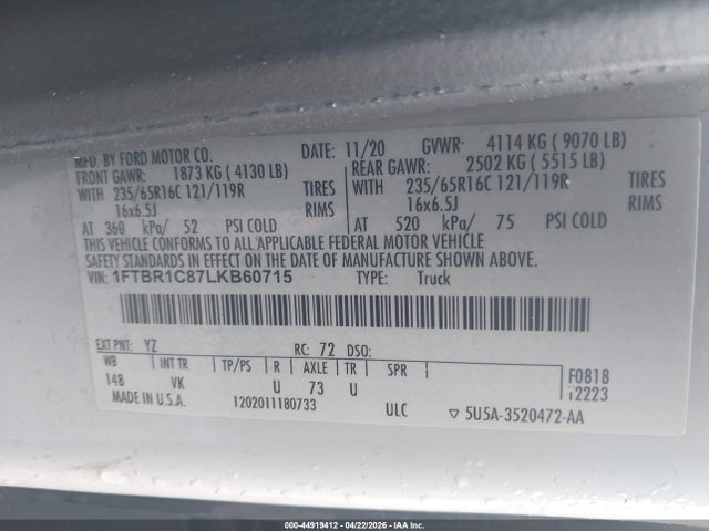 Auction sale of the 2020 Ford Transit-250, vin: 1FTBR1C87LKB60715, lot number: 44919412