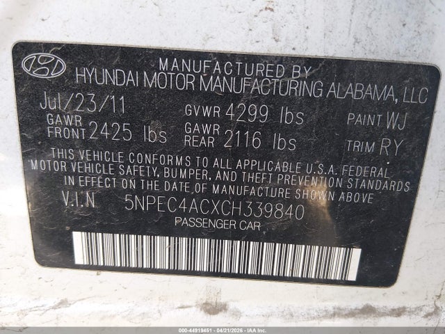 2012 Hyundai Sonata Limited მანქანა იყიდება აუქციონზე, vin: 5NPEC4ACXCH339840, აუქციონის ნომერი: 44919451