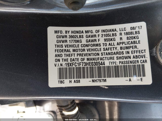 Aukcja sprzedaży 2017 Honda Civic Ex-l, vin: 19XFC1F73HE030544, numer aukcji: 44919461