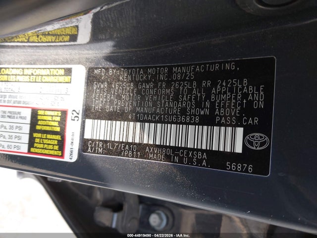 2025 Toyota Camry Se მანქანა იყიდება აუქციონზე, vin: 4T1DAACK1SU636838, აუქციონის ნომერი: 44919490