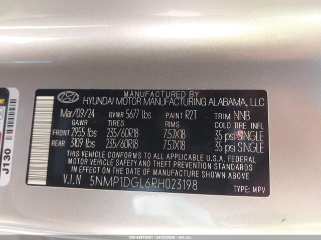 2024 Hyundai Santa Fe Se მანქანა იყიდება აუქციონზე, vin: 5NMP1DGL6RH023198, აუქციონის ნომერი: 44919491