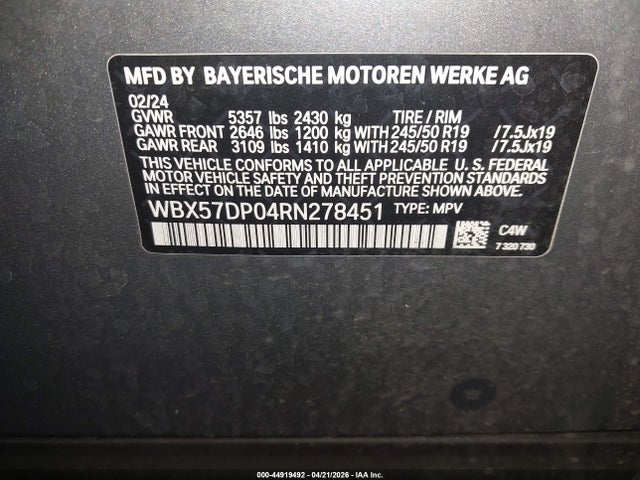 2024 Bmw X3 Xdrive30i მანქანა იყიდება აუქციონზე, vin: WBX57DP04RN278451, აუქციონის ნომერი: 44919492