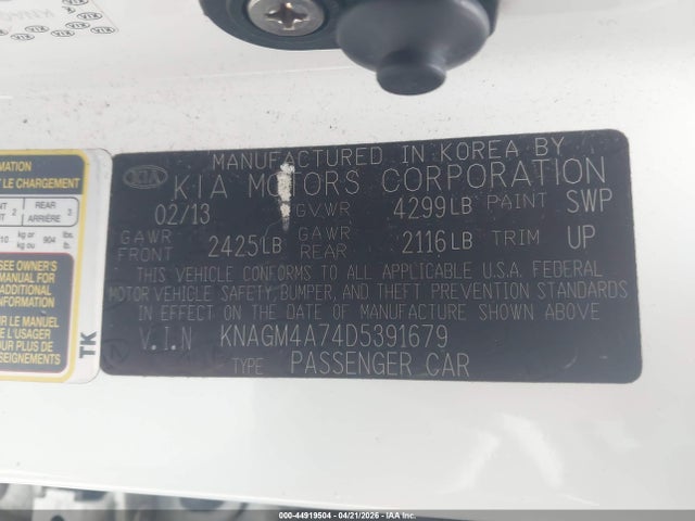 Aukcja sprzedaży 2013 Kia Optima Lx, vin: KNAGM4A74D5391679, numer aukcji: 44919504