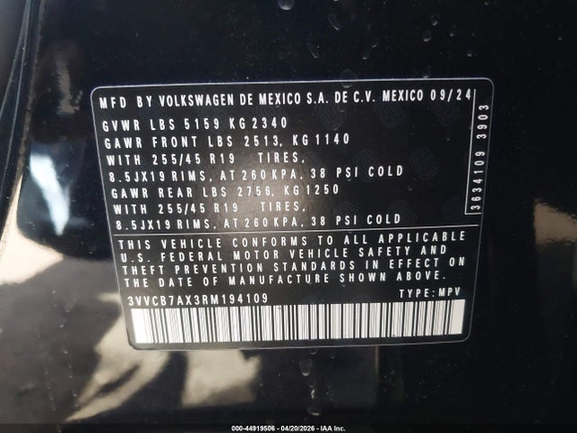 3VVCB7AX3RM194109 Volkswagen Tiguan 2.0t Se R-line Black