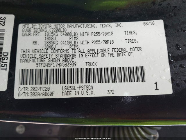 5TFDW5F17HX583909 Toyota Tundra Sr5 5.7l V8