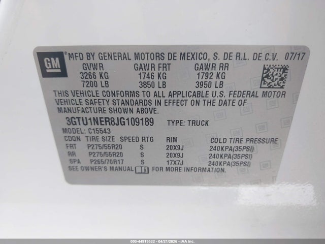 44919522 :رقم المزاد ، 3GTU1NER8JG109189 vin ، 2018 Gmc Sierra 1500 Slt مزاد بيع