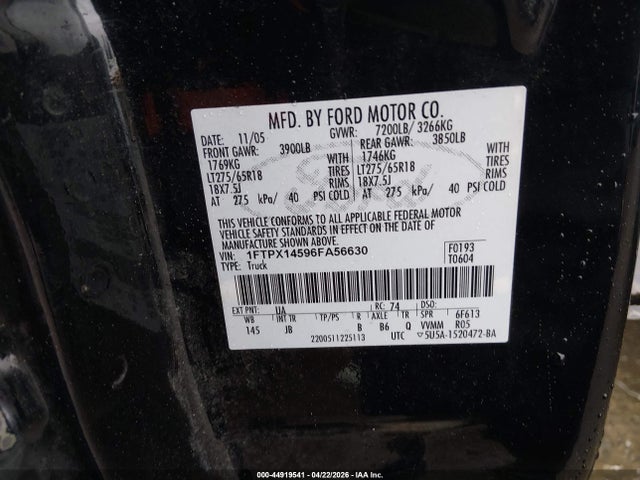 Продаж на аукціоні авто 2006 Ford F-150 Fx4/lariat/xl/xlt, vin: 1FTPX14596FA56630, номер лоту: 44919541
