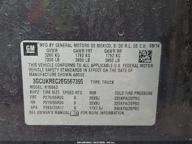 Продажа на аукционе авто 2014 Chevrolet Silverado 1500 1lt, vin: 3GCUKREC2EG567395, номер лота: 44919543