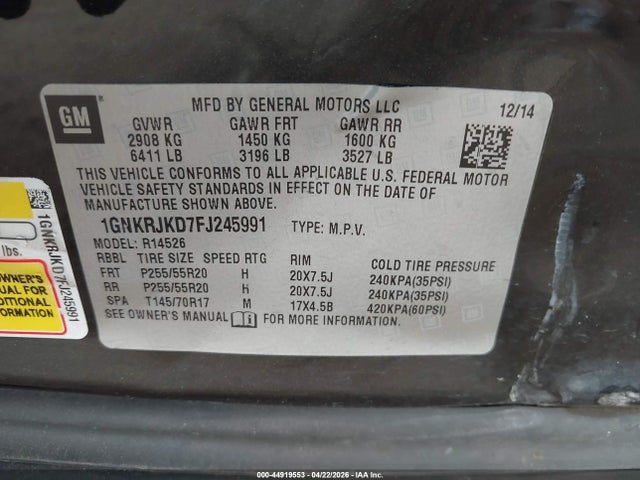 Aukcja sprzedaży 2015 Chevrolet Traverse Ltz, vin: 1GNKRJKD7FJ245991, numer aukcji: 44919553
