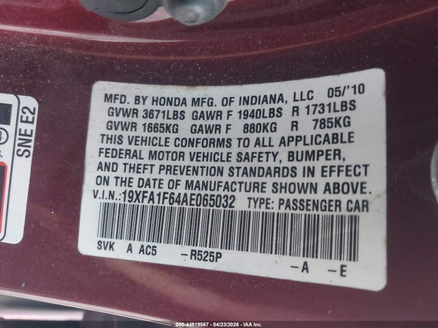 44919567 :رقم المزاد ، 19XFA1F64AE065032 vin ، 2010 Honda Civic Lx-s مزاد بيع
