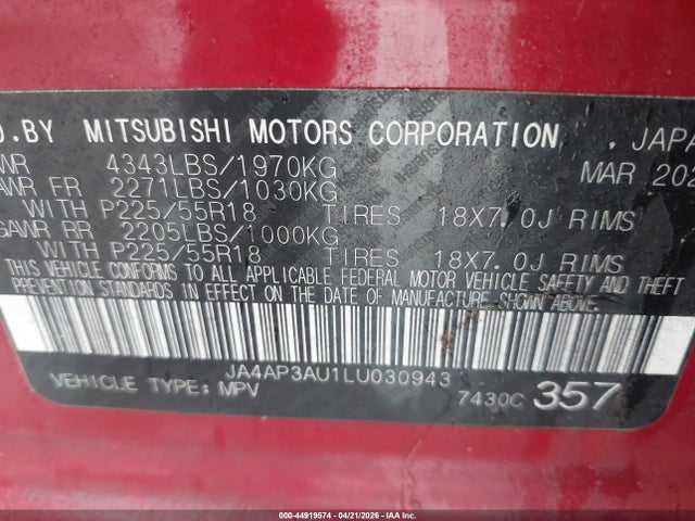 Продажа на аукционе авто 2020 Mitsubishi Outlander Sport 2.0 Es, vin: JA4AP3AU1LU030943, номер лота: 44919574