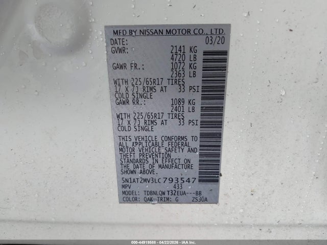 5N1AT2MV3LC793547 Nissan Rogue Sv Intelligent Awd