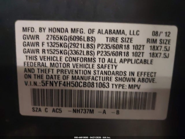 2012 Honda Pilot Ex-l მანქანა იყიდება აუქციონზე, vin: 5FNYF4H50CB081063, აუქციონის ნომერი: 44919595