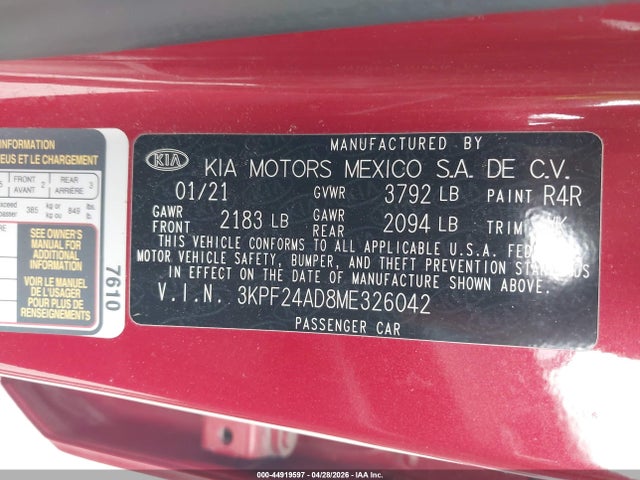 Aukcja sprzedaży 2021 Kia Forte Lxs, vin: 3KPF24AD8ME326042, numer aukcji: 44919597