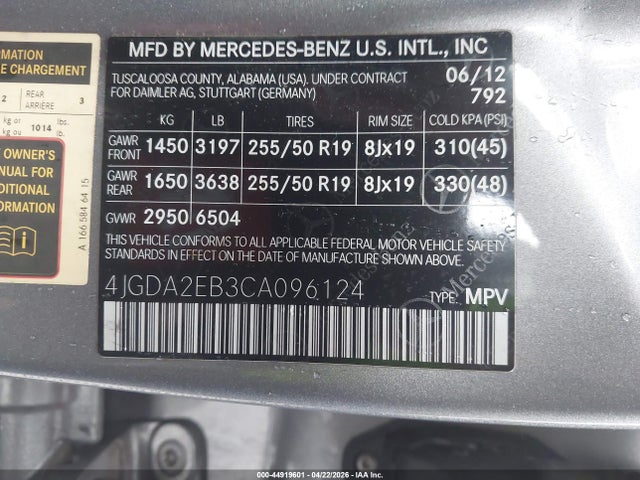 Продаж на аукціоні авто 2012 Mercedes-benz Ml 350 Bluetec 4matic, vin: 4JGDA2EB3CA096124, номер лоту: 44919601
