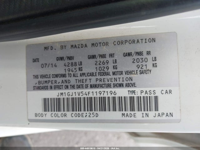 Aukcja sprzedaży 2015 Mazda Mazda6 I Touring, vin: JM1GJ1V54F1197196, numer aukcji: 44919610