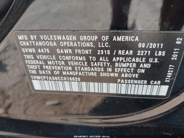 Продаж на аукціоні авто 2012 Volkswagen Passat 2.5l Sel, vin: 1VWCP7A38CC015520, номер лоту: 44919612