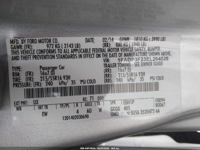 Продаж на аукціоні авто 2014 Ford Focus Se, vin: 1FADP3F23EL264526, номер лоту: 44919626