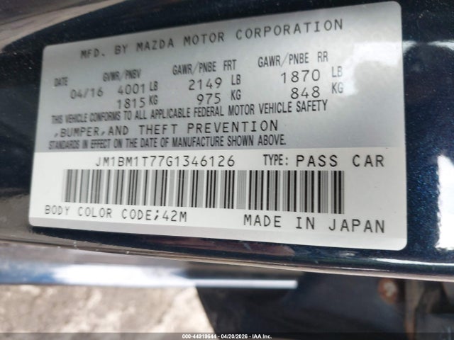 44919644 :رقم المزاد ، JM1BM1T77G1346126 vin ، 2016 Mazda Mazda3 I Sport مزاد بيع