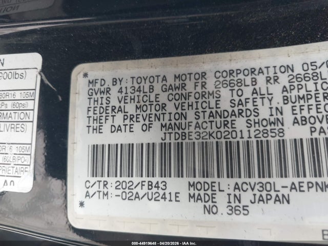 Продаж на аукціоні авто 2002 Toyota Camry Le, vin: JTDBE32K020112858, номер лоту: 44919648
