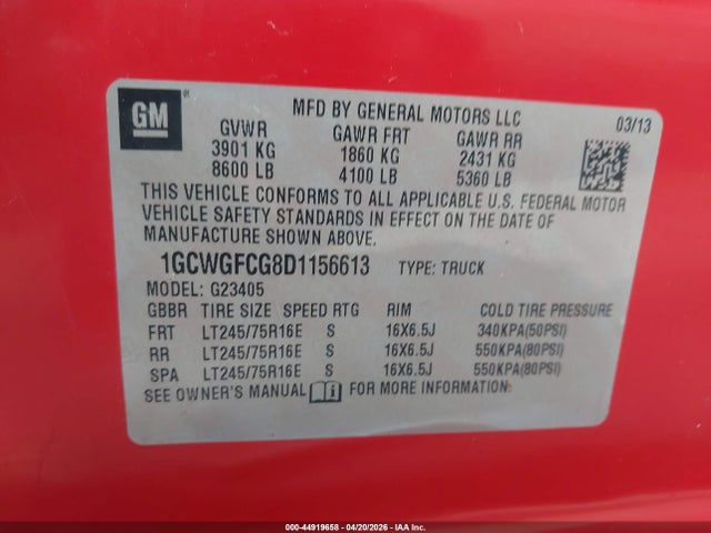 44919658 :رقم المزاد ، 1GCWGFCG8D1156613 vin ، 2013 Chevrolet Express 2500 Work Van مزاد بيع