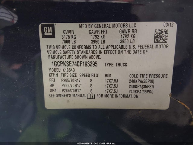 Aukcja sprzedaży 2012 Chevrolet Silverado 1500 Lt, vin: 1GCPKSE74CF193295, numer aukcji: 44919679