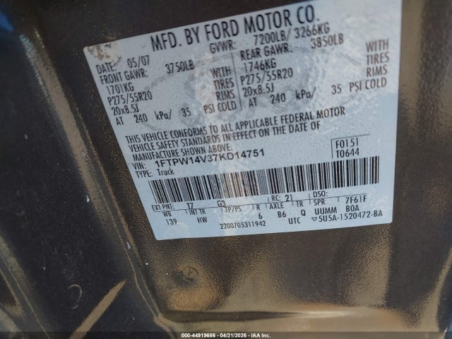 Aukcja sprzedaży 2007 Ford F-150 Fx4/lariat/xlt, vin: 1FTPW14V37KD14751, numer aukcji: 44919686