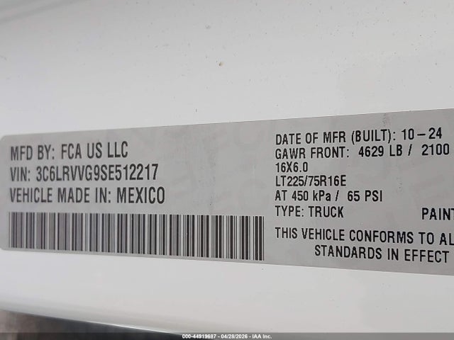 Aukcja sprzedaży 2025 Ram Promaster 2500 Tradesman Low Roof 136 Wb W/pass Seat, vin: 3C6LRVVG9SE512217, numer aukcji: 44919687