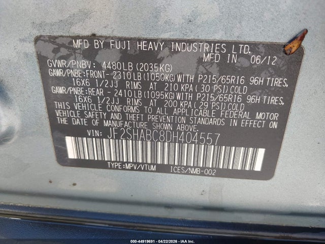 Продаж на аукціоні авто 2013 Subaru Forester 2.5x, vin: JF2SHABC8DH404557, номер лоту: 44919691