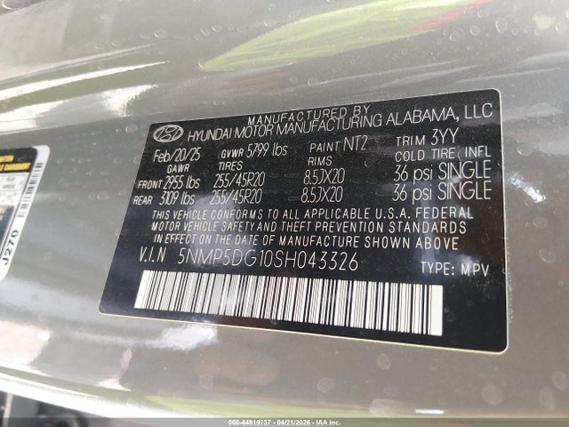 Продаж на аукціоні авто 2025 Hyundai Santa Fe Hybrid Calligraphy, vin: 5NMP5DG10SH043326, номер лоту: 44919737
