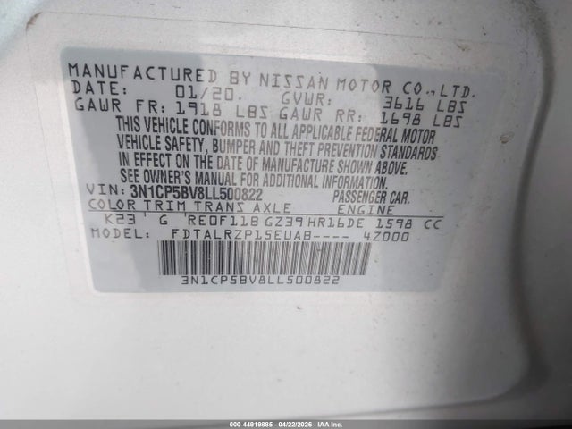 Auction sale of the 2020 Nissan Kicks S Xtronic Cvt, vin: 3N1CP5BV8LL500822, lot number: 44919885