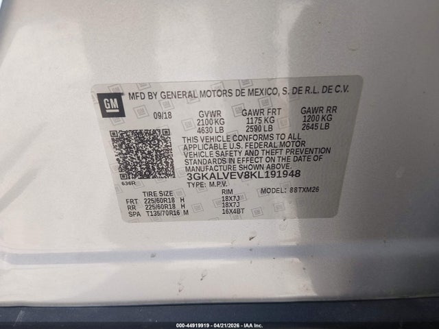 Продаж на аукціоні авто 2019 Gmc Terrain Slt, vin: 3GKALVEV8KL191948, номер лоту: 44919919