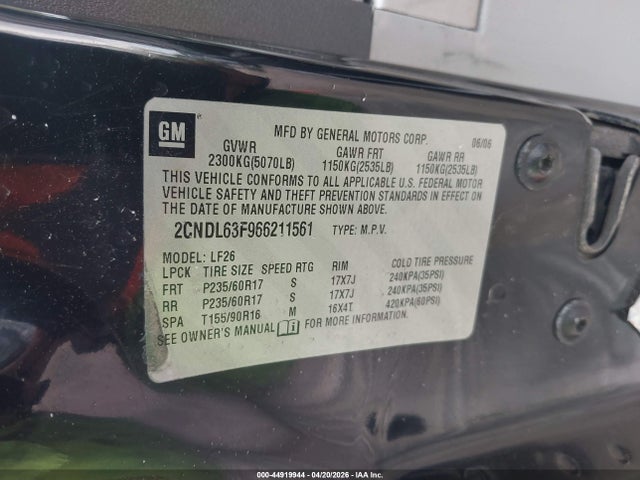 2006 Chevrolet Equinox Lt მანქანა იყიდება აუქციონზე, vin: 2CNDL63F966211561, აუქციონის ნომერი: 44919944